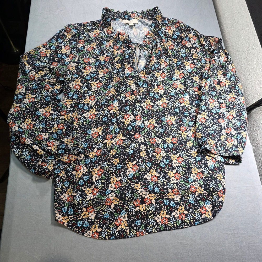LOFT Outlet Womens Small Floral Ruffle Tie Neck Blouse Black Multi Long Sleeve